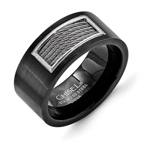 Chisel Stainless Steel Black Plated Wire Inlay Ring Chisel Jewelry