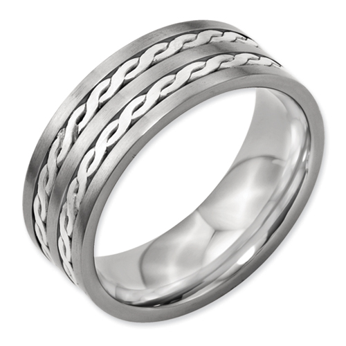 Chisel Titanium Sterling Silver Inlay 8mm Brushed Antiqued Band