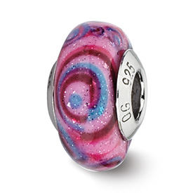 Reflection Beads Sterling Silver Pink/Blue Swirls Italian Murano Glass Bead