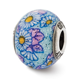 Reflection Beads Sterling Silver Italian Murano Blue Floral Decorative Overlay Glass Bead