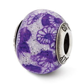 Reflection Beads Sterling Silver Italian Murano Purple Floral Decorative Overlay Glass Bead