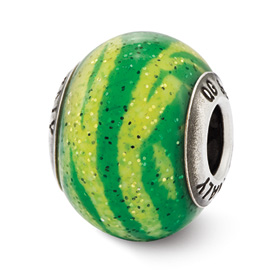 Reflection Beads Sterling Silver Italian Murano Green Stripes Glass Bead