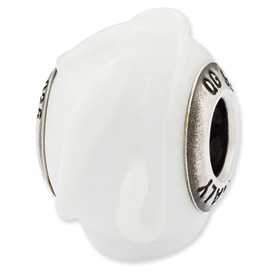 Reflection Beads Sterling Silver Italian Murano White w/Textured Lines Glass Bead