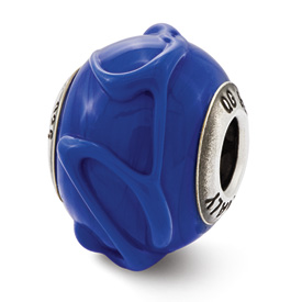 Reflection Beads Sterling Silver Italian Murano Dark Blue w/Textured Lines Glass Bead
