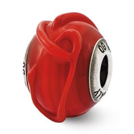 Reflection Beads Sterling Silver Italian Murano Red w/Textured Lines Glass Bead