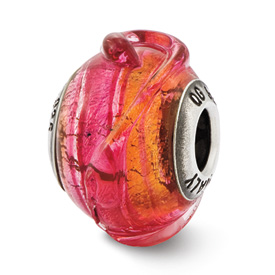 Reflection Beads Sterling Silver Italian Murano Pink w/Textured Lines Glass Bead