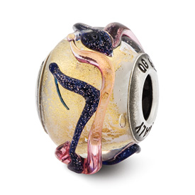Reflection Beads Sterling Silver Italian Murano Yellow w/Dark Blue Textured Lines Glass Bead