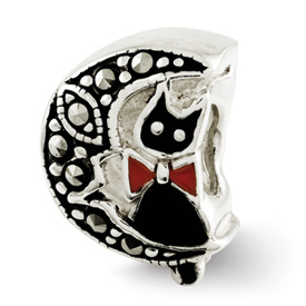 Reflection Beads Sterling Silver Marcasite and Enameled Cat and Moon Bead