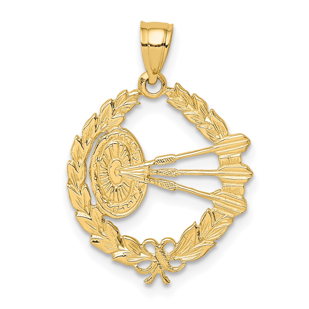 14K Yellow Gold Dart Board and Darts In Leaf Design Pendant