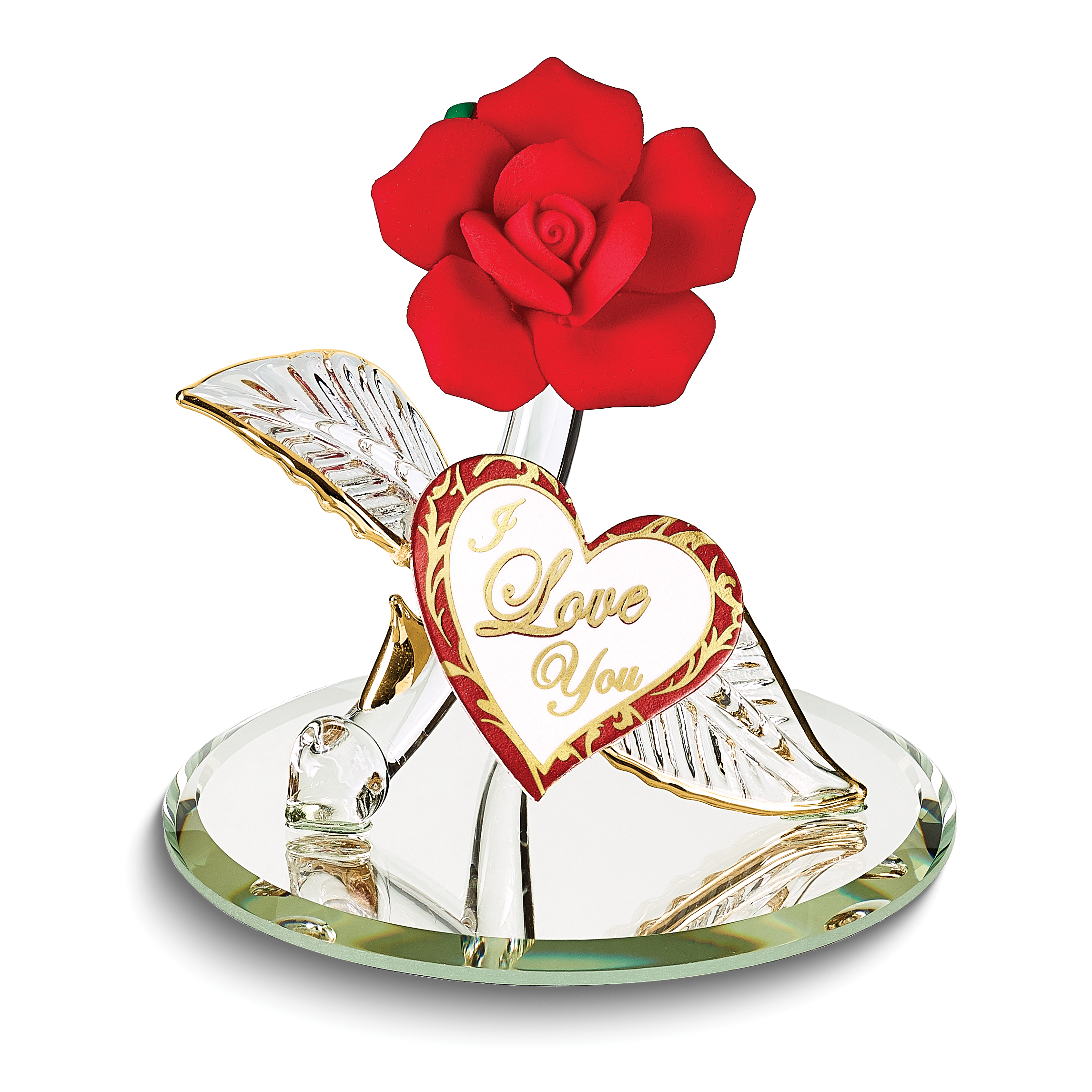 I LOVE YOU Red Rose Handcrafted Glass Figurine with 22k Gold