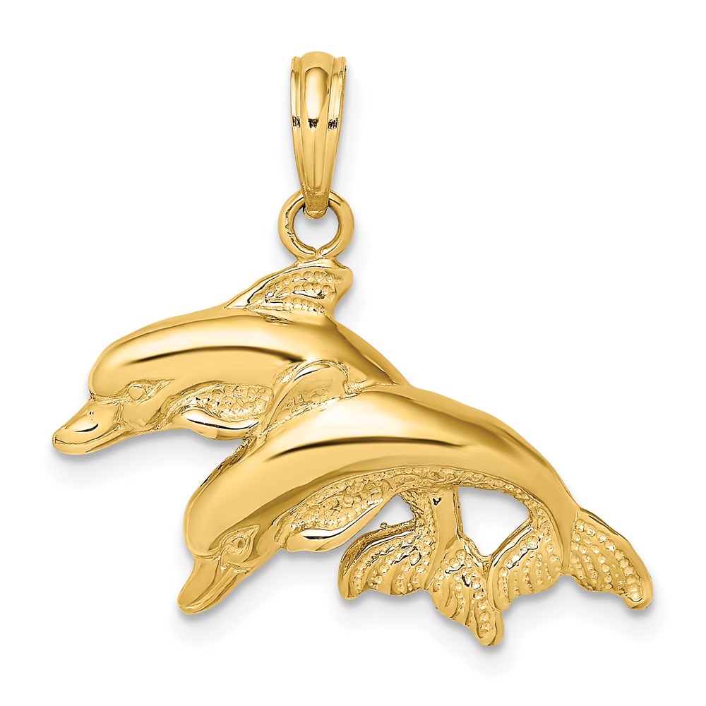 14K Yellow Gold 2-D Polished & Engraved Double Dolphins Pendant