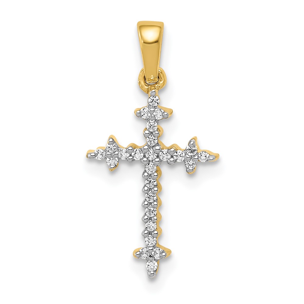 14K Yellow Gold and Rhodium Diamond Fleur De Lis Cross Pendant