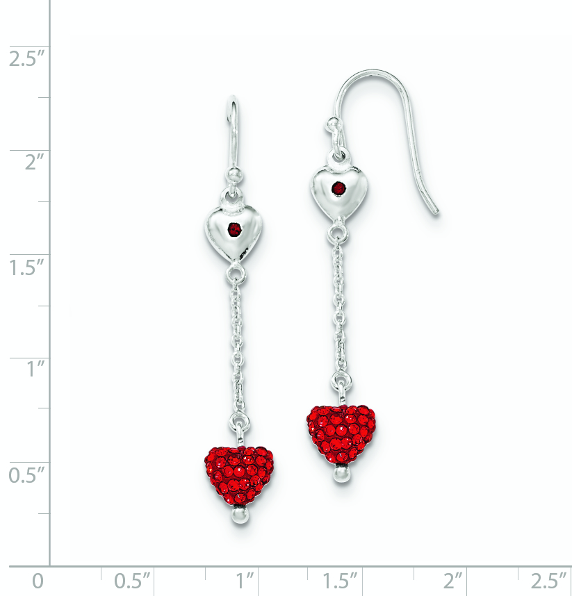 Sterling Silver Polished CZ Heart Dangle Shepherd Hook Earrings (2IN Long)