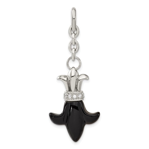 Chisel Stainless Steel Onyx Fleur de lis with CZ Charm Pendant