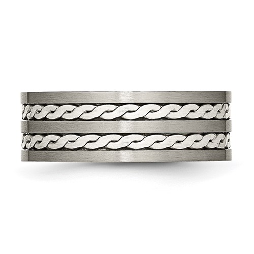 Chisel Titanium Sterling Silver Inlay 8mm Brushed Antiqued Band