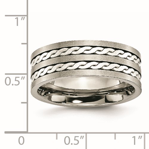 Chisel Titanium Sterling Silver Inlay 8mm Brushed Antiqued Band