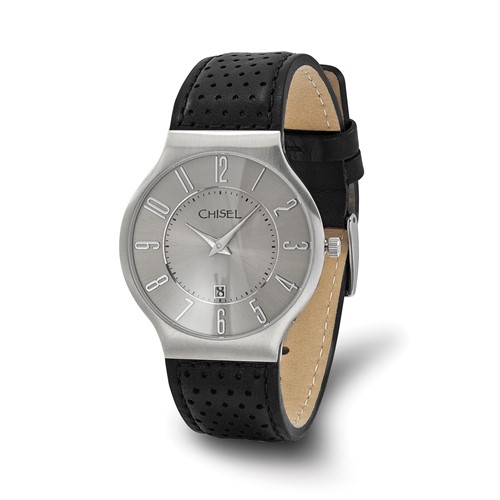 Mens Chisel Stainless Steel Grey Dial Black Leather Watch
