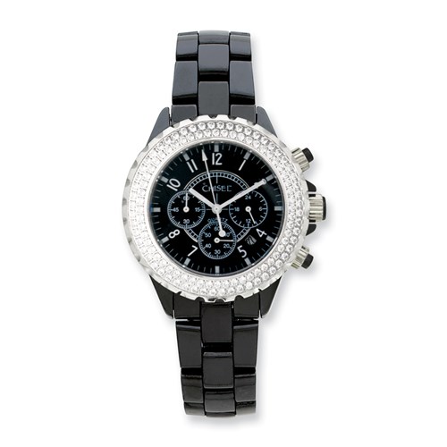 Mens Chisel Black Ceramic CZ Bezel Chronograph Watch