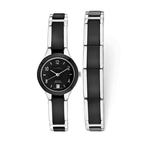 Ladies Chisel Ceramic and Stainless Steel Black Dial Watch and Bracelet