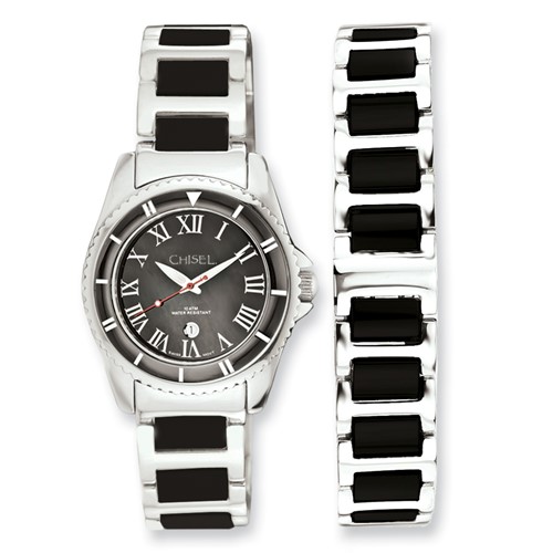 Ladies Chisel Ceramic and Stainless Steel Black Dial Watch and 7.5in Bracelet S
