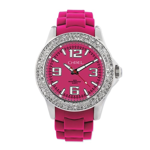 Ladies Chisel 40mm Crystal Bezel Dark Pink Silicone Strap Watch