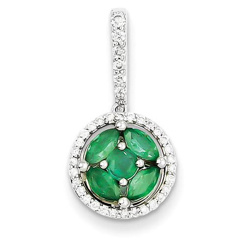 14k White Gold Diamond & Emerald Pendant