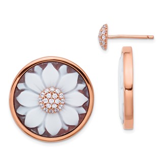 Sterling Silver 18k Rose Gold-plated Polished CZ and Removable 22mm Floral Cameo Post Earrings