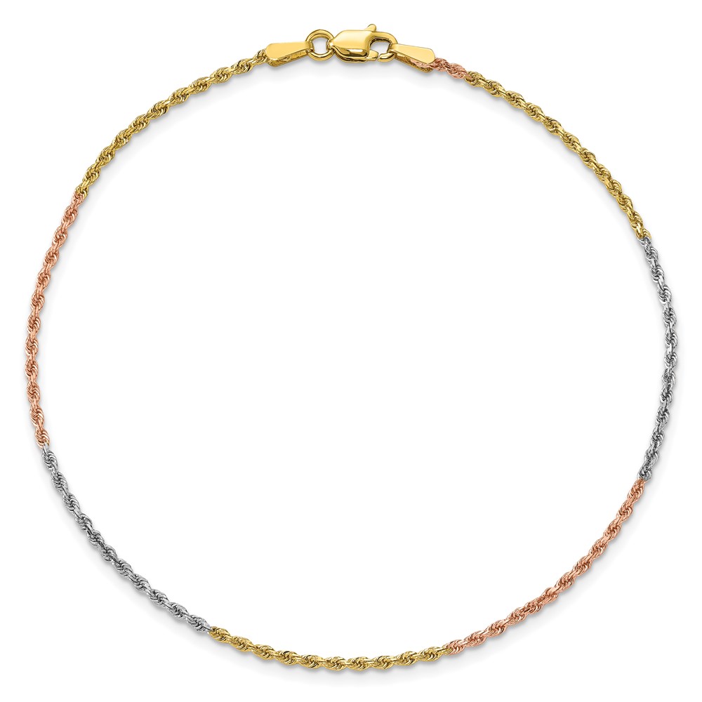 14K Tri-colored 9 inch 1.5mm Diamond-cut Rope with Lobster Clasp Anklet (012TC-9)