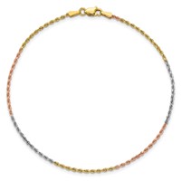 14K Tri-colored 1.5mm Diamond-cut Rope Chain with Lobster Clasp, 7" view 3