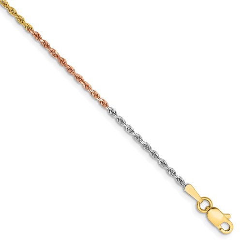 14K Tri-colored 8 inch 1.5mm Diamond-cut Rope with Lobster Clasp Chain