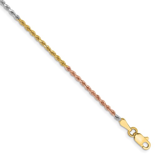 14K Tri-colored 7 inch 1.75mm Diamond-cut Rope with Lobster Clasp Chain