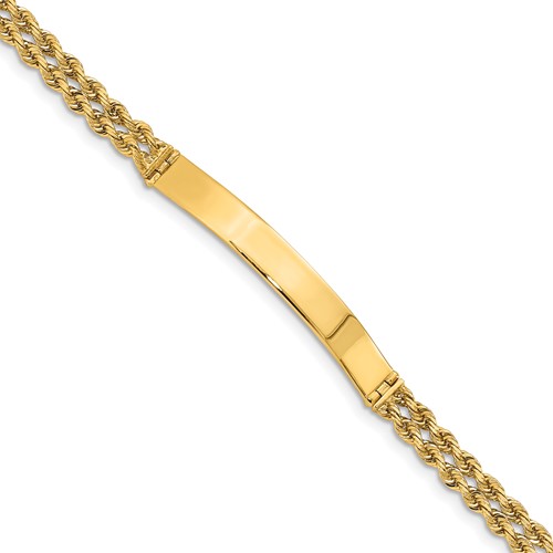 14K Yellow Gold Polished Solid Chain Solid Plate Two-Strand Rope 39.5x 5mm Plate ID Bracelet, 7"
