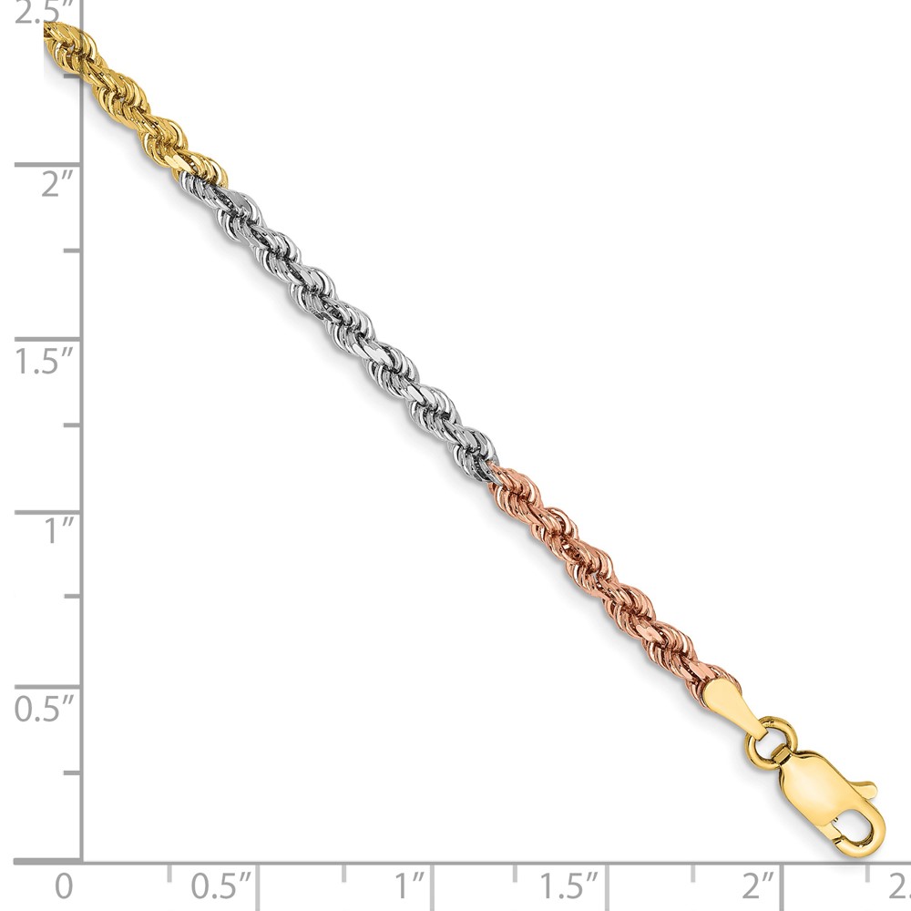 14K Tri-colored 8 inch 2.9mm Diamond-cut Rope with Lobster Clasp Chain (021TC-8)