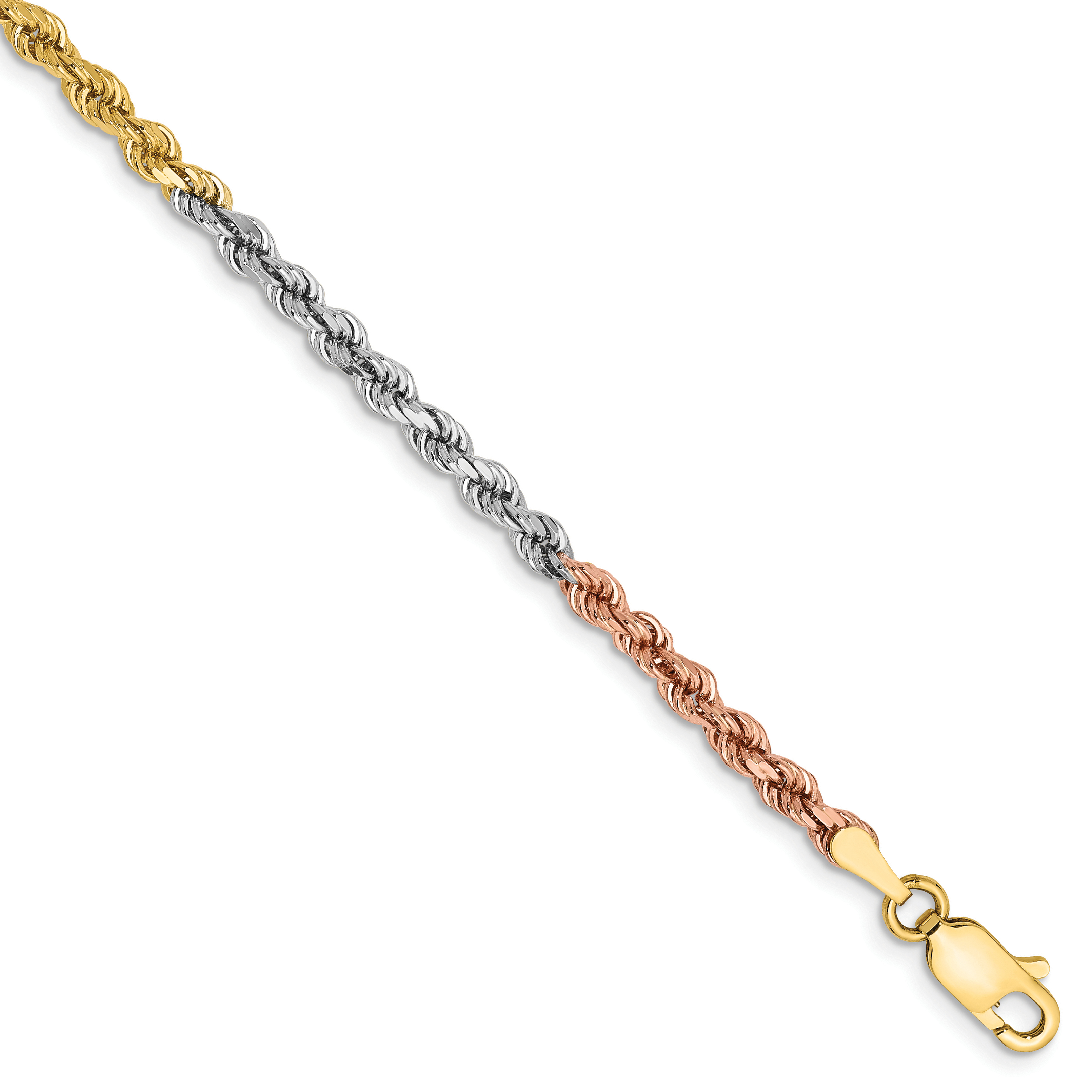 14K Tri-colored 8 inch 2.9mm Diamond-cut Rope with Lobster Clasp Chain (021TC-8)