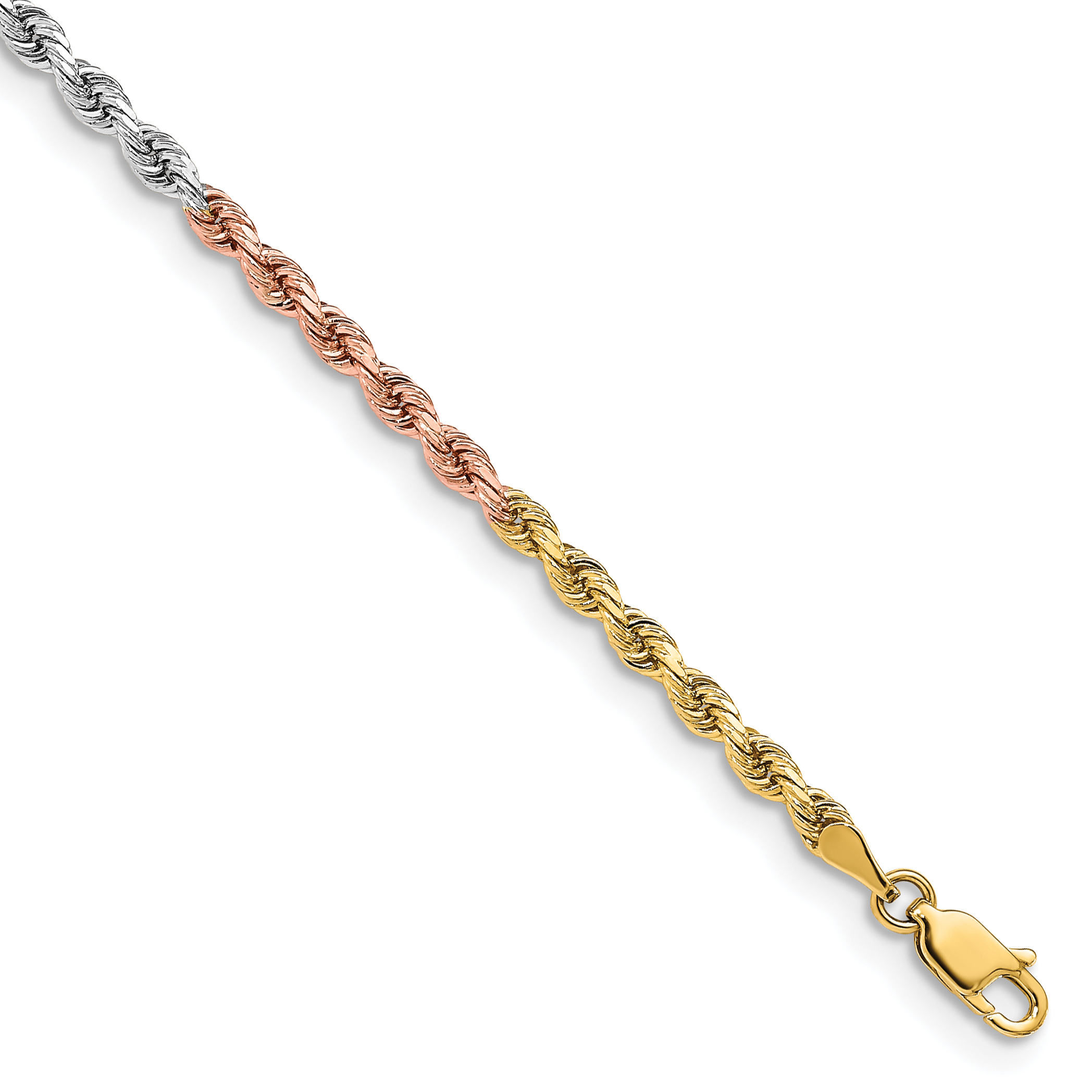 14K Tri-colored 8 inch 3mm Diamond-cut Rope with Lobster Clasp Chain (023TC-8)