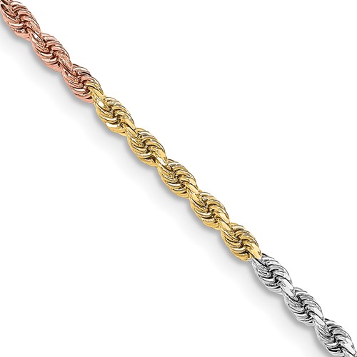 14K Tri-colored 20 inch 3mm Diamond-cut Rope with Lobster Clasp Chain
