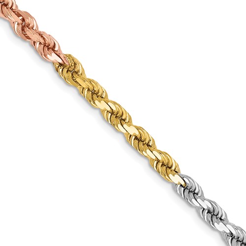 14K Tri-colored 20 inch 4mm Diamond-cut Rope with Lobster Clasp Chain