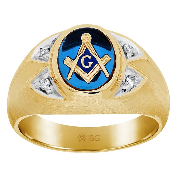 14ky Closed Back Master Mason Ring With Sapphire and .08ct TW Diamond