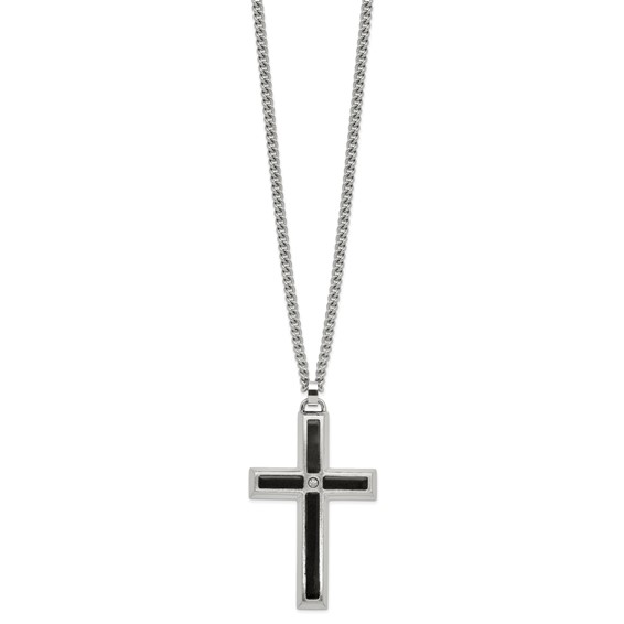 IBGoodman Stainless Steel with Black Enamel Inlay Diamond Cross 24 inch Curb Chain Necklace