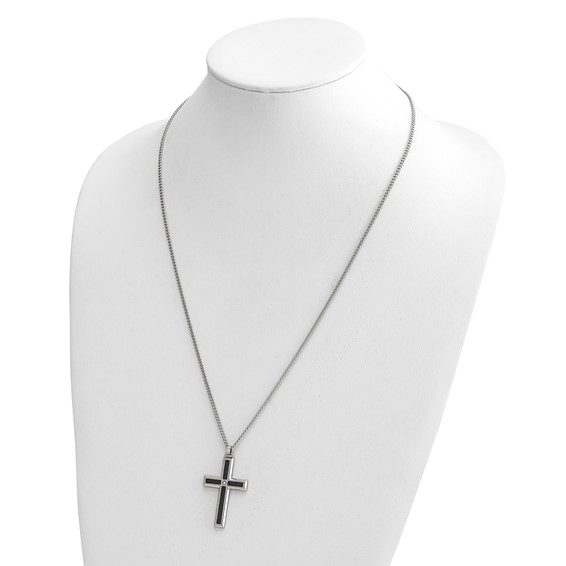 IBGoodman Stainless Steel with Black Enamel Inlay Diamond Cross 24 inch Curb Chain Necklace