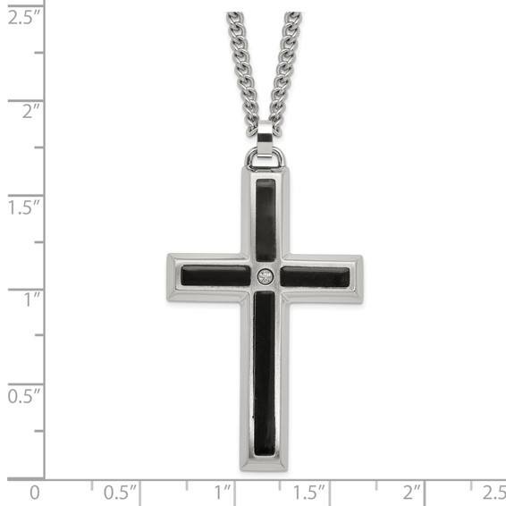 IBGoodman Stainless Steel with Black Enamel Inlay Diamond Cross 24 inch Curb Chain Necklace