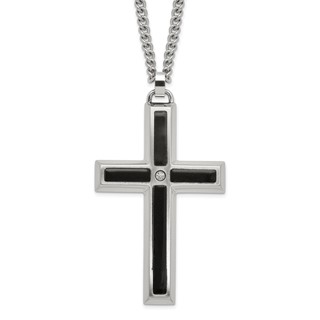 IBGoodman Stainless Steel with Black Enamel Inlay Diamond Cross 24 inch Curb Chain Necklace