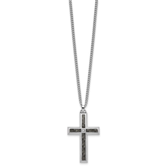 IBGoodman Stainless Steel Carbon Fiber Inlay and .02ct. Diamond Cross 24 Inch Curb Chain Necklace