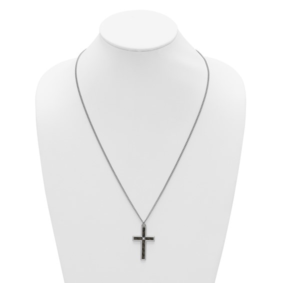 IBGoodman Stainless Steel Carbon Fiber Inlay and .02ct. Diamond Cross 24 Inch Curb Chain Necklace
