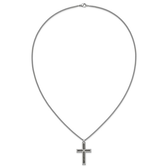 IBGoodman Stainless Steel Carbon Fiber Inlay and .02ct. Diamond Cross 24 Inch Curb Chain Necklace