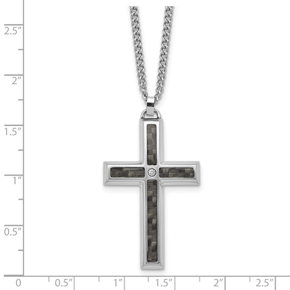 IBGoodman Stainless Steel Carbon Fiber Inlay and .02ct. Diamond Cross 24 Inch Curb Chain Necklace