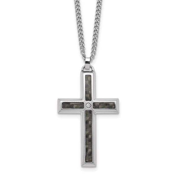IBGoodman Stainless Steel Carbon Fiber Inlay and .02ct. Diamond Cross 24 Inch Curb Chain Necklace