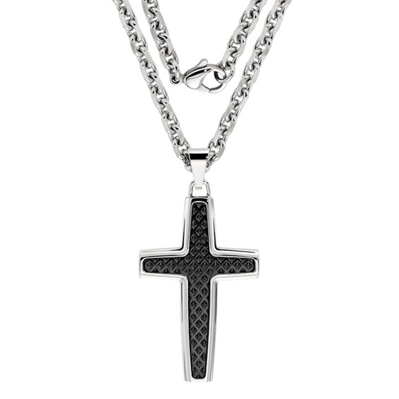 IBGoodman Stainless Steel Black IP-plated Textured Center Cross with 24 inch Curb Chain Necklace