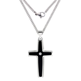 IBGoodman Stainless Steel with .03 carat Diamond Black Enameled Cross with 24 inch Curb Chain Necklace