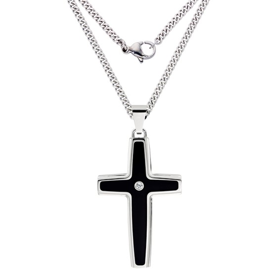 IBGoodman Stainless Steel with .03 carat Diamond Black Enameled Cross with 24 inch Curb Chain Necklace